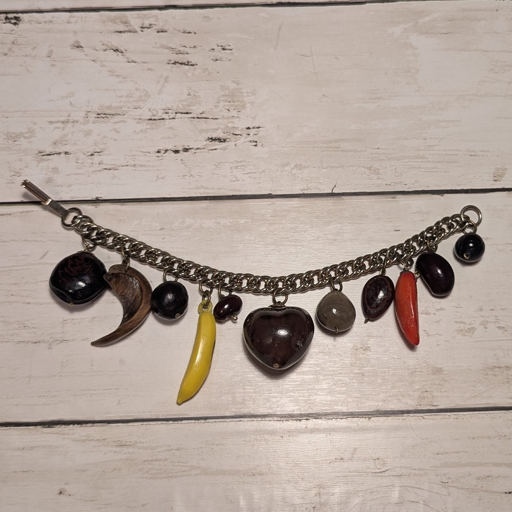 Vintage 1950s Tiki Charm Bracelet - "Cat Claw" Tropical Seed Nut Kitsch
